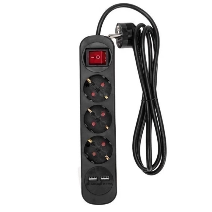 Rexant (13-4022) Удлинитель STANDARD 3 гнезда, 3м, 3х1,0мм?, с/з, с выключателем, 2 USB, черный