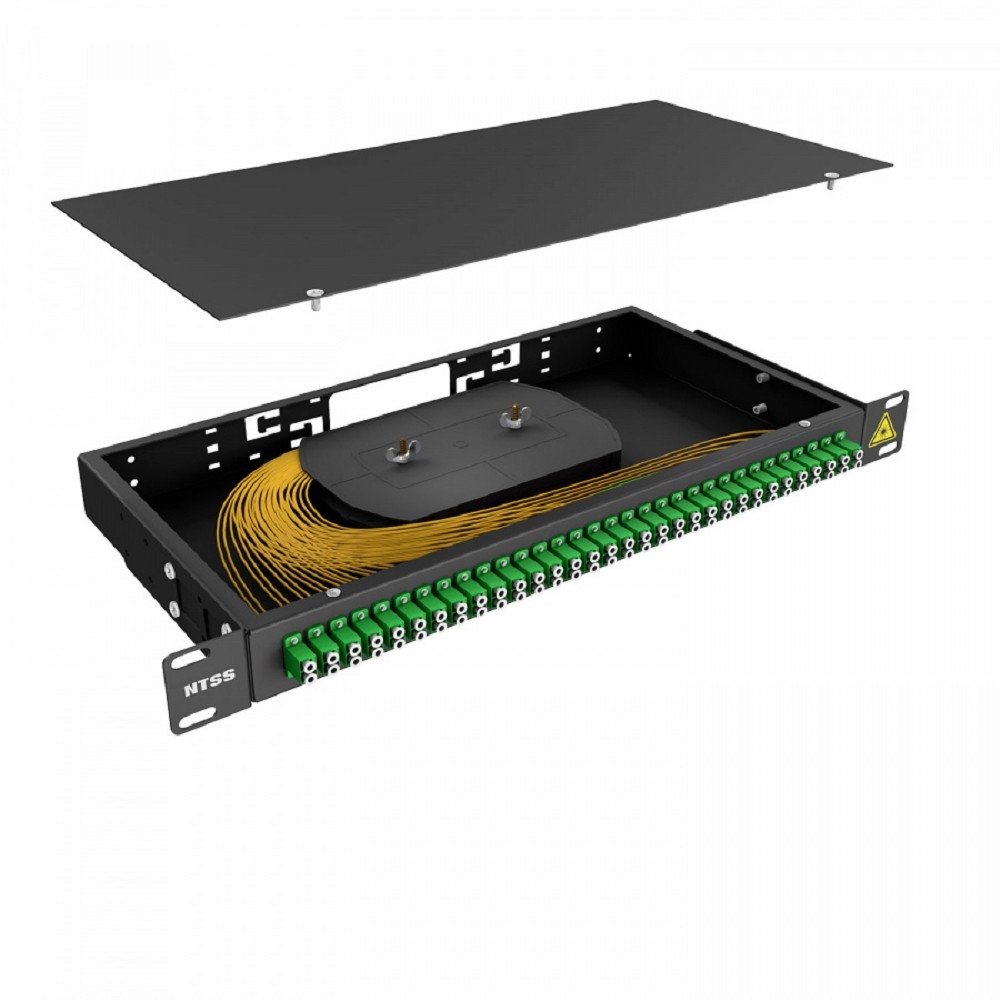 NTSS Кросс 19" NTSS PREMIUM, предсобранный 1U, 32 порта LC/APC duplex, 9/125 мкм, (сплошная панель, розетки, сплайс 2шт, КДЗС, пигтейлы), черный, RAL9005 NTSS-RFOB-PM-1U-32-2LC/A-9-SP1.5G0A-BL