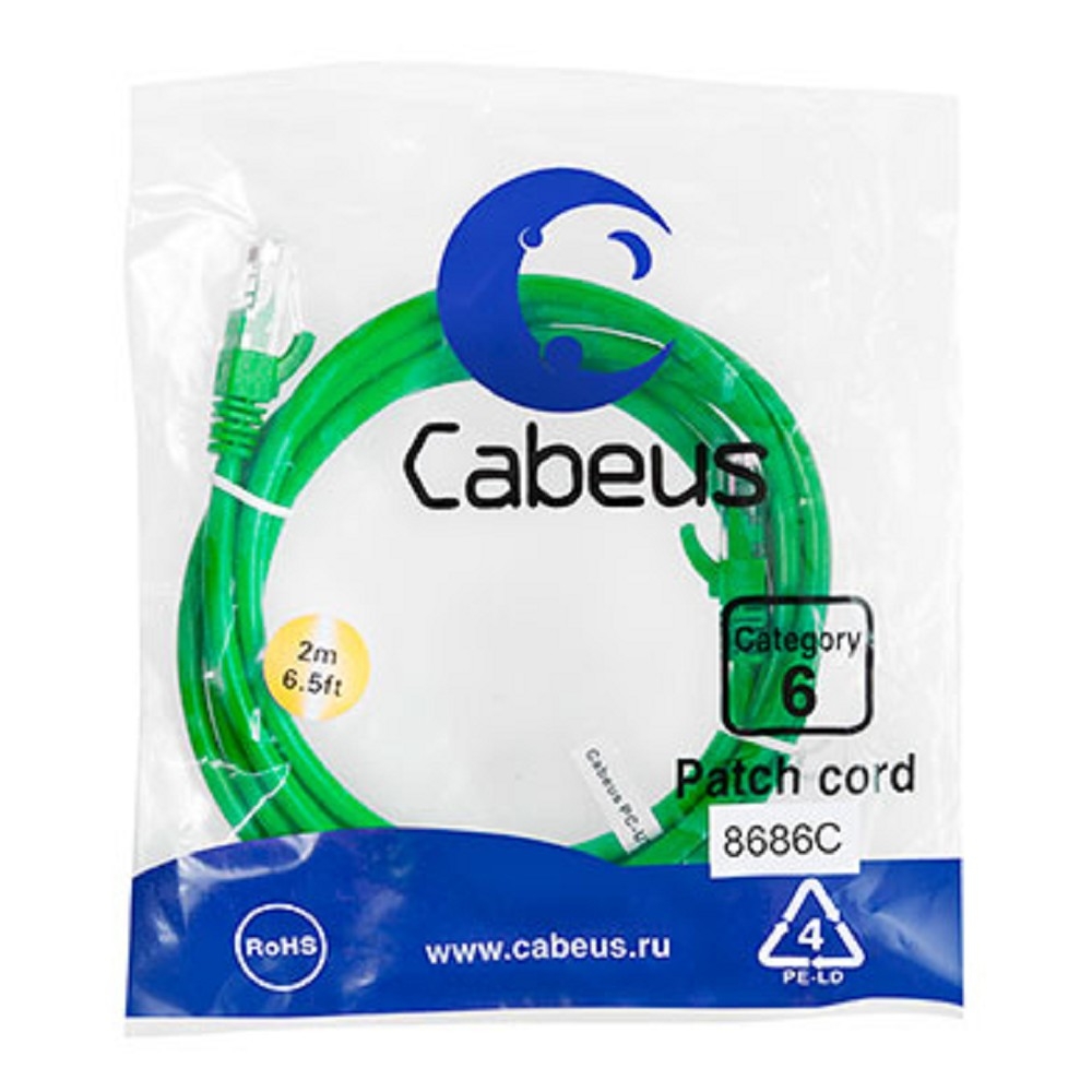 PC-UTP-RJ45-Cat.6-2m-GN Шнур коммутационный Cabeus кат. 6 неэкр. U/UTP RJ45/RJ45 250 МГц d 62 2м PVC AWG24 зелёный