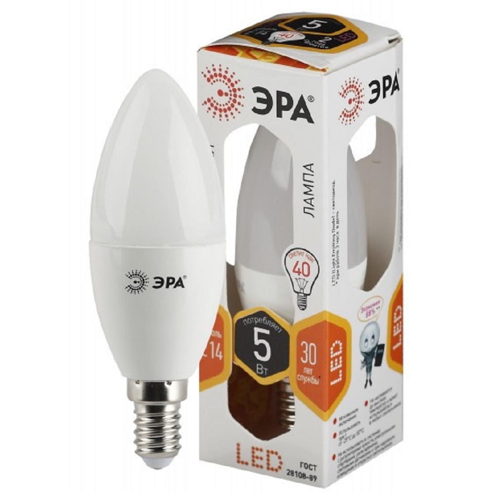 ЭРА Б0018871 Лампочка светодиодная STD LED B35-5W-827-E14 E14 / Е14 5Вт свеча  теплый белый свет