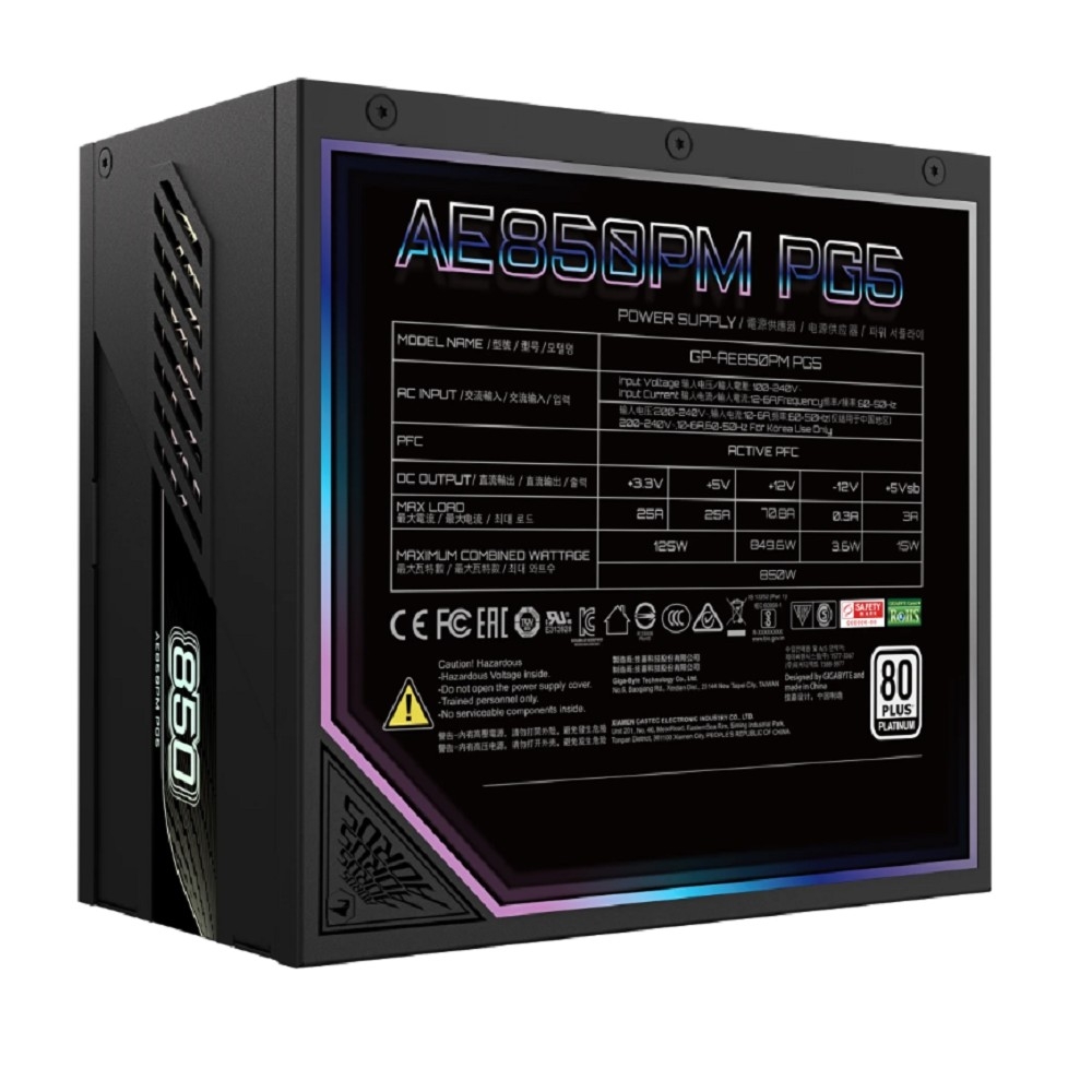 Блок питания ПК Gigabyte AE850PM PG5 850W, 80Plus, Platinum, Полностью модульный, PCIe Gen 5.1, ATX 3.0 compatible.