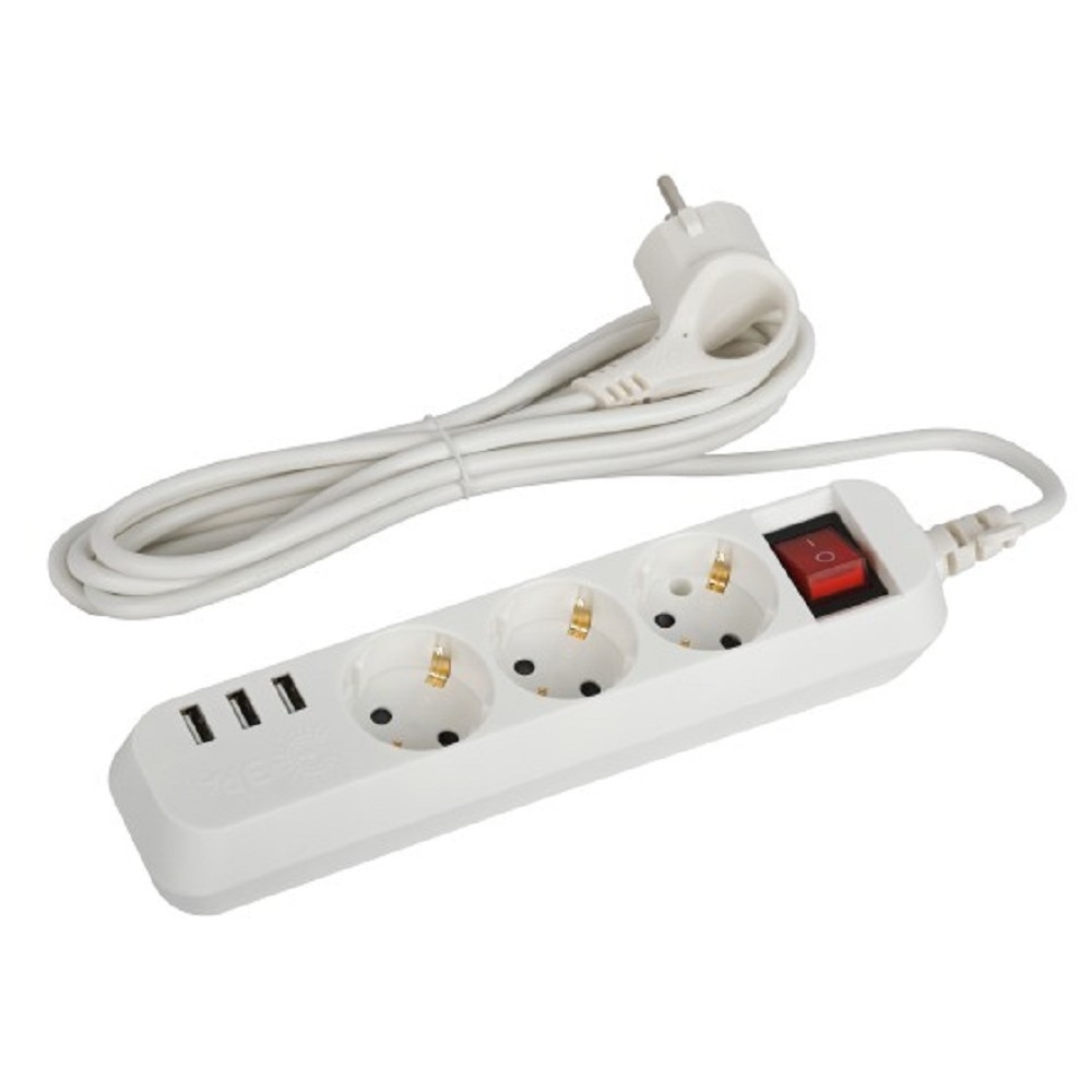 ЭРА Б0052900 Удлинитель электрический U-3es-1,5m-USB c заземлением с выключателем 3 розетки + 3xUSBA 1,5м 10А