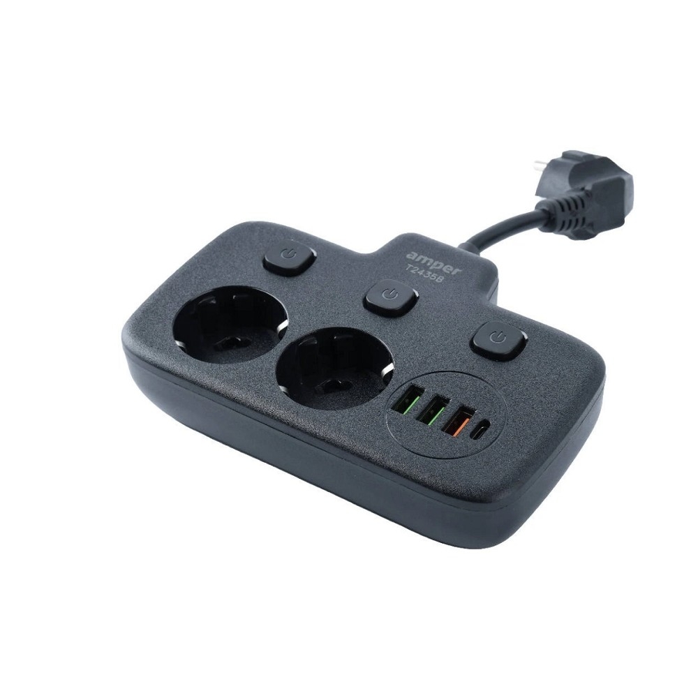Удлинитель Amper T2435B, сетевой, 0.2м, 2 розетки, 3×USB, 1×Type-C