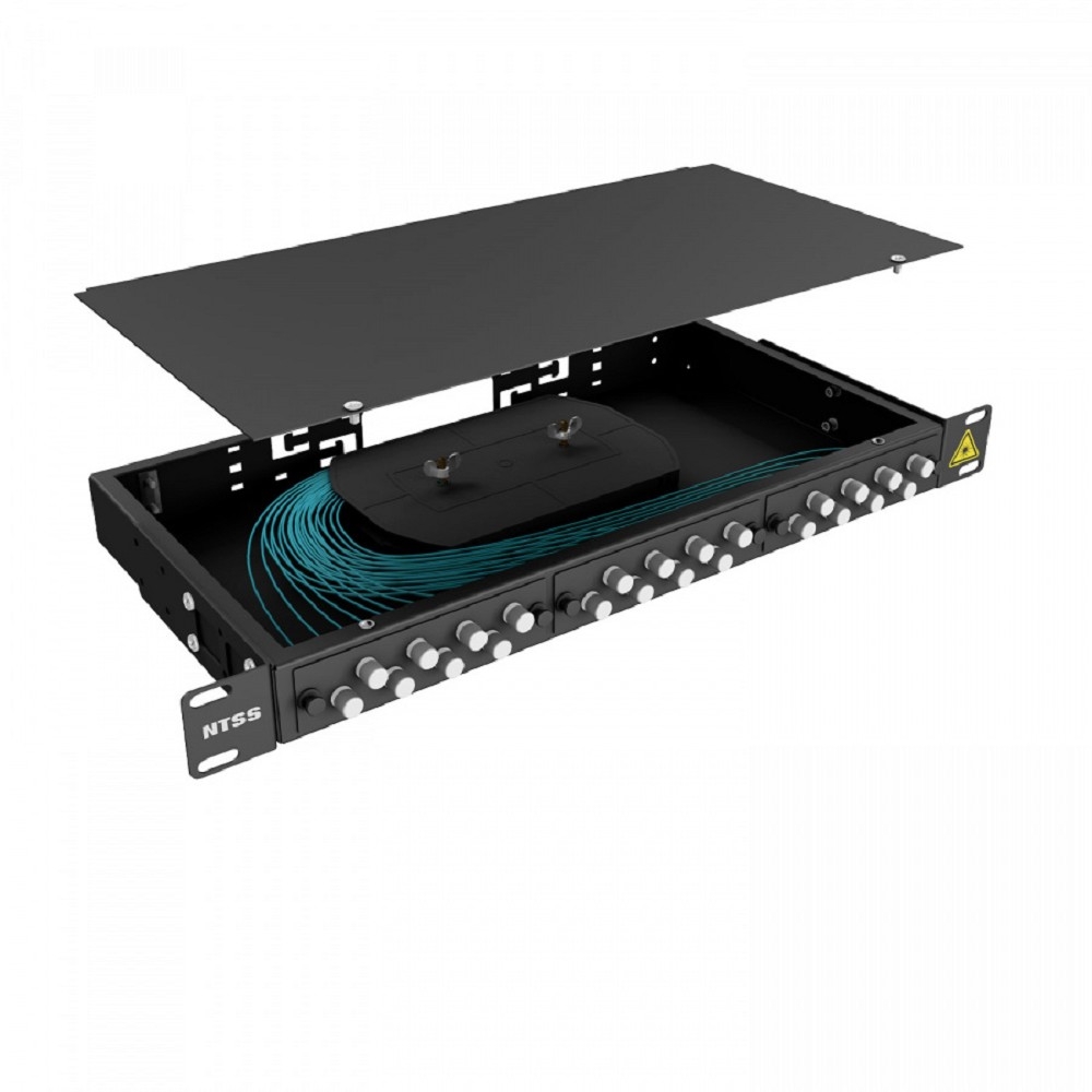 NTSS Кросс 19" NTSS PREMIUM, предсобранный 1U, 4 порта FC/UPC, 50/125 мкм ОМ3, (сплайс, пигтейлы, кдзс, планки, адаптеры), черный, RAL9005 NTSS-RFOB-PM-1U-4-FC/U-503-SP1.5G2A-BL