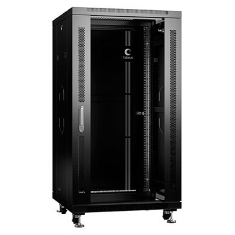 Cabeus SH-05C-22U60/100-BK Шкаф монтажный телекоммуникационный 19" напольный для распределительного и серверного оборудования 22U 600x1000x1166mm (ШхГхВ) передняя стеклянная и задняя сплошная металлическая двери, ручка с замком, цвет черный (RAL 9004)