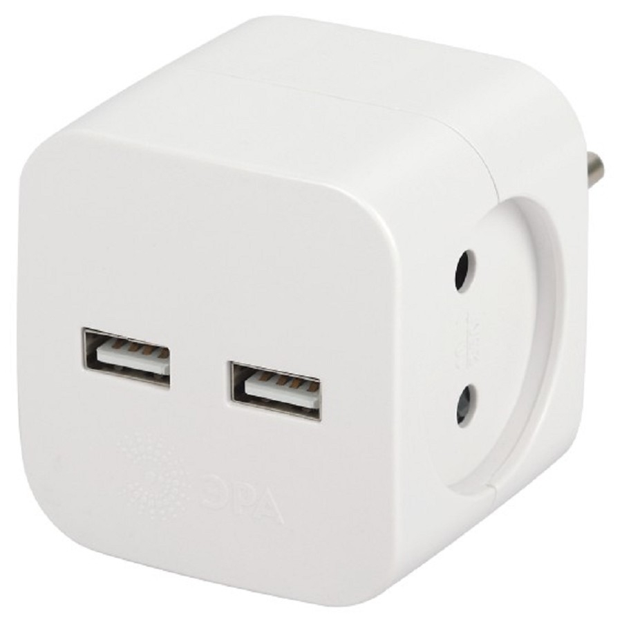 ЭРА Б0049531 Разветвитель электрический SP-2-USB-W на 2 розетки 220V + 2xUSB 2400mA, без заземл 10А (белый)