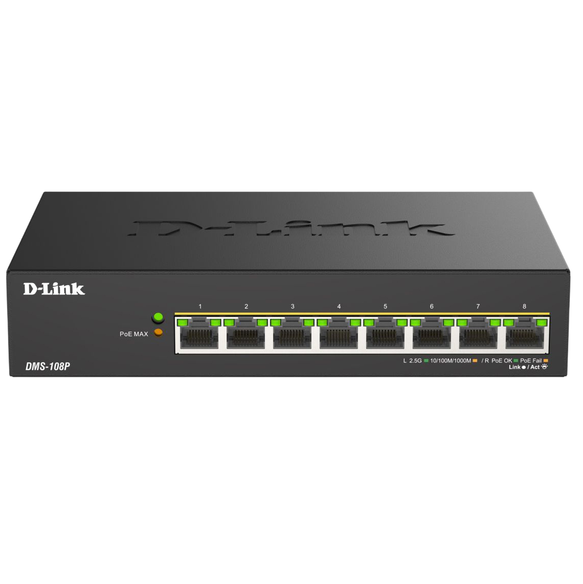 D-Link DMS-108P/A1A Неуправляемый коммутатор с 8 портами 100/1000/2.5GBase-T (8 портов PoE 802.3af/at/bt, PoE-бюджет 230 Вт)