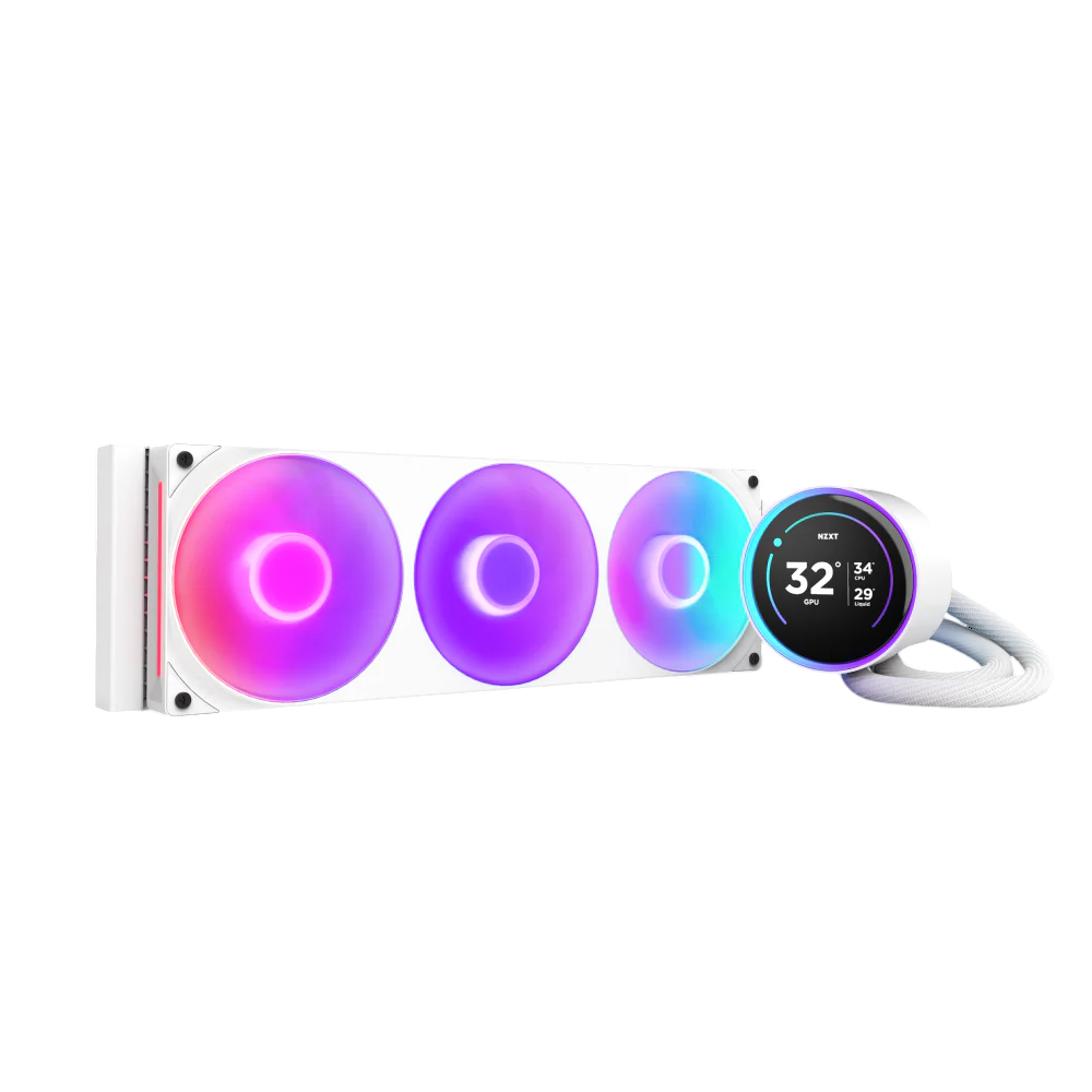 Система жидкостного охлаждения для ПК/ Water Cooling System NZXT Kraken Elite 420 RGB (350W, 420mm, LED temp., White/ Fans: 3x140mm, 98.61CFM, 34.5dBA, 2000RPM/ Pump height 65mm, 2800RPM, Rad thickness 27mm/ S: 1851, 1700, 1200, 115X, AM5, AM4)
