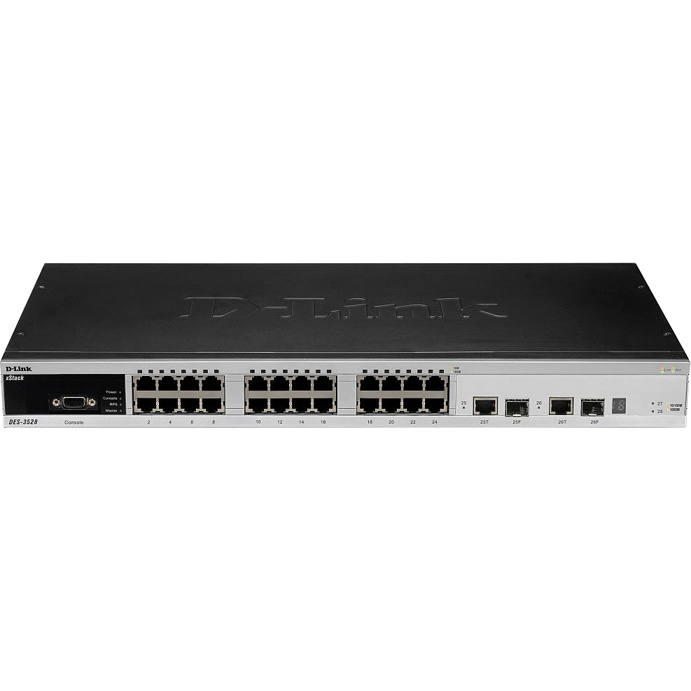 Коммутатор/ DES-3528_RFB/A4 Refurbished unit, clean, fully tested, well-packed. 24-Port 10/100Mbps + 2 Combo Copper/SFP + 2 1000 Mbps Copper L2+ Flow control, VLAN, Port Trunk, SNMP, RMON Management Features QoS support based on traffic prioritization, SaveGuard engine, IMPB, 802.1x, port security