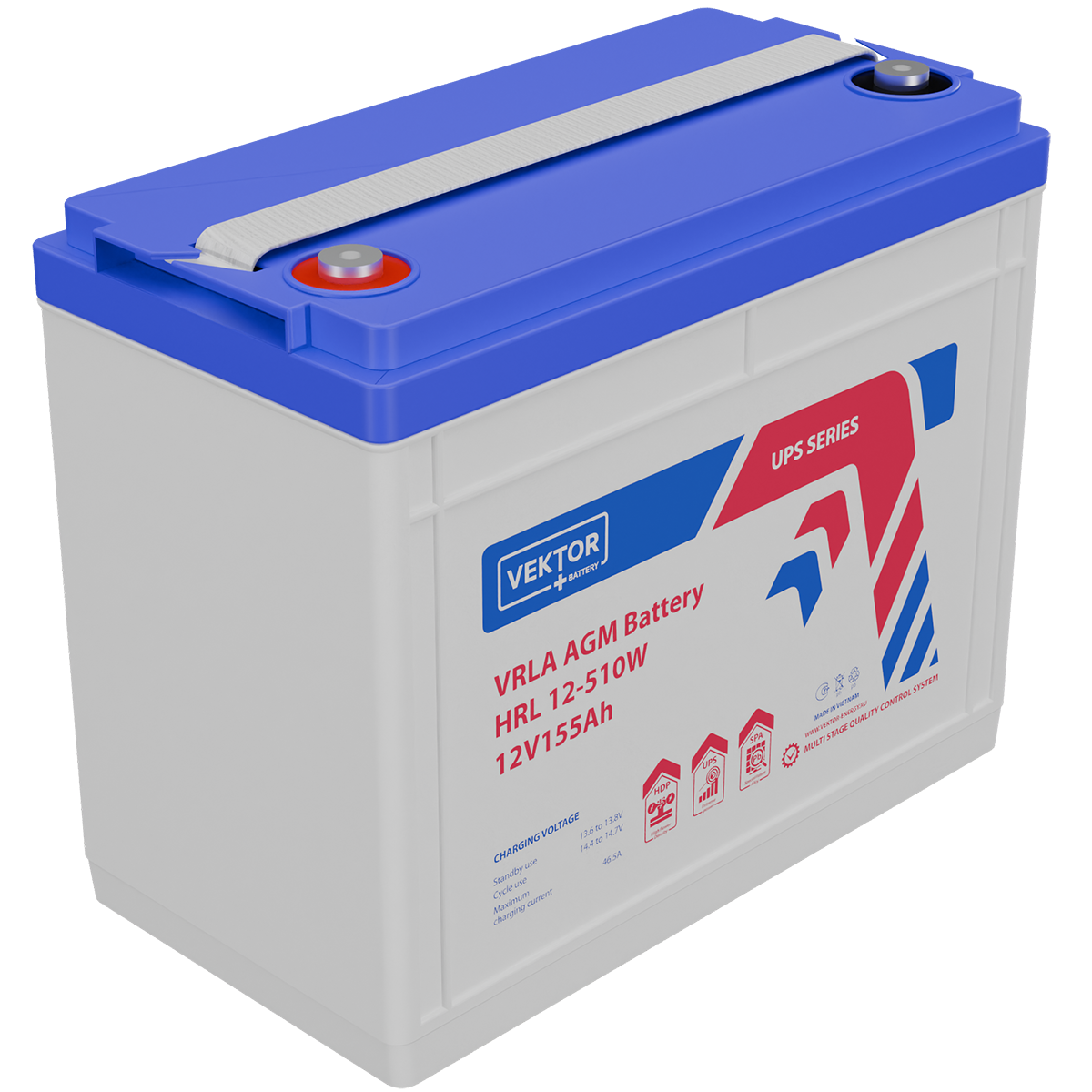 Батарея Vektor Battery серия  HRL, HRL 12-510W, напряжение 12В, емкость 155Ач (разряд 10 часов), макс. ток разряда (5 сек.) 1550А, макс. ток заряда 46,5 A, свинцово-кислотная типа AGM, клеммы Т18, ДxШxВ 341x172x287мм., вес 44,5кг., срок службы 12 лет