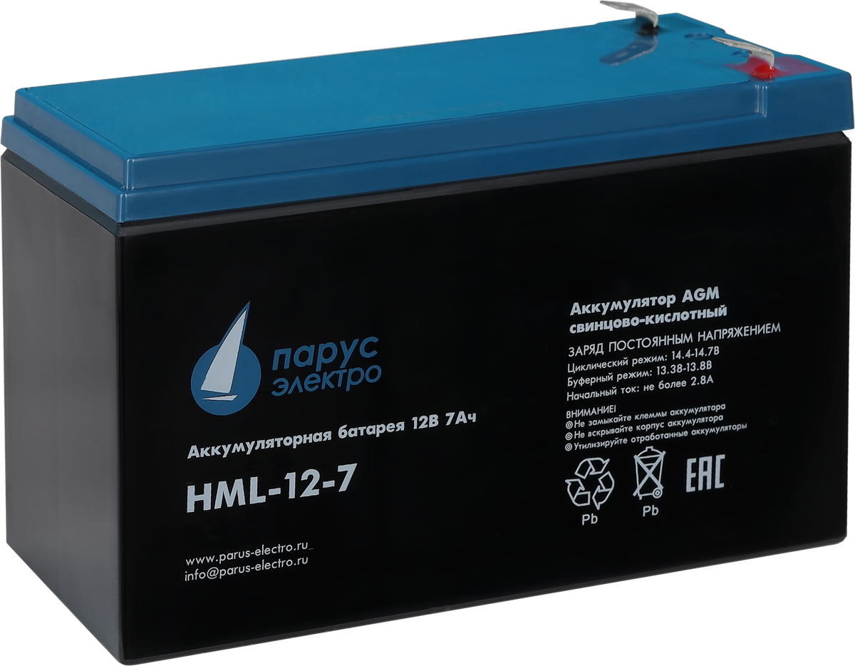 Battery Parus Electro, professional series HML-12-7, voltage 12V, capacity 7.2Ah (discharge 20 hours), max. discharge current (5sec) 140A, max. charge current 2.8A, lead-acid type AGM, terminals F2, LxWxH 151x65x94mm., total height with terminals 101mm., weight 2.5kg., service life 12 years.