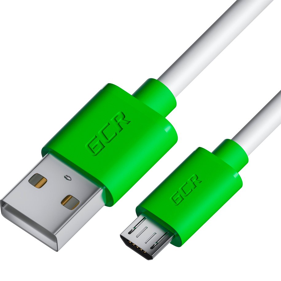 GCR PRO QC Кабель 2.0m MicroUSB, белый, зеленые коннекторы, быстрая зарядка, 28/24 AWG, медь