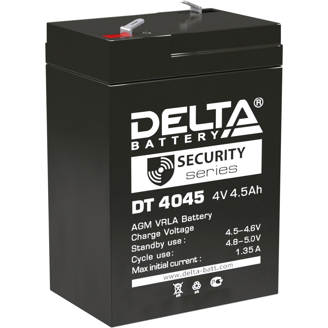 Батарея DELTA серия DT, DT 4045, напряжение 4В, емкость 4.5Ач (разряд 20 часов),  макс. ток разряда (5 сек.) 60А, макс. ток заряда 1.35А, свинцово-кислотная типа AGM, клеммы F1, ДxШxВ 70х47х101мм., вес 0.5кг., срок службы 5 лет./ Battery DELTA series DT, DT 4045, voltage 4V, capacity 4.5Ah (discharge 20 hours), max. discharge current (5 sec.) 60A, max. charge current 1.35A, lead-acid type AGM, terminals F1, LxWxH 70x47x101mm., weight 0.5kg., service life 5 years.