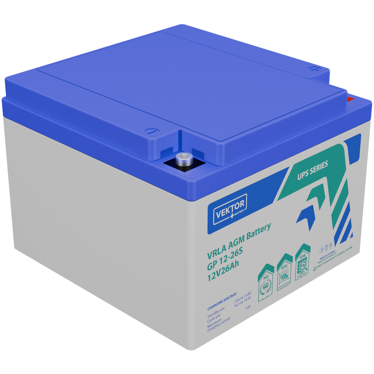 Батарея Vektor Battery серия GP , GP 12-26S, напряжение 12В, емкость 26Ач (разряд 20 часов), емкость 25,2Ач (разряд 10 часов), макс. ток разряда (5 сек.) 260А, макс. ток заряда 7,8A, свинцово-кислотная типа AGM, клеммы M5, ДxШxВ 166x175x125 мм., вес 7,73кг