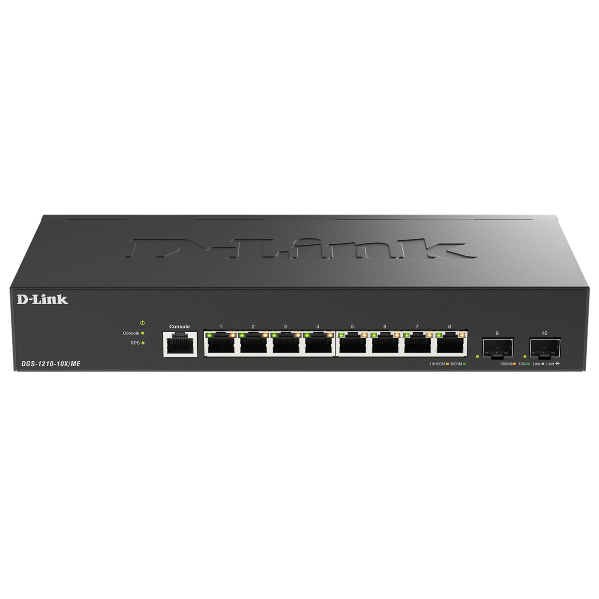 Коммутатор D-Link Управляемый L2 коммутатор, 8x1000Base-T, 2x10GBase-X SFP+, защита от статического электричества до 6 кВ, CLI, консольный порт RJ-45, RPS, поддержка Dying Gasp