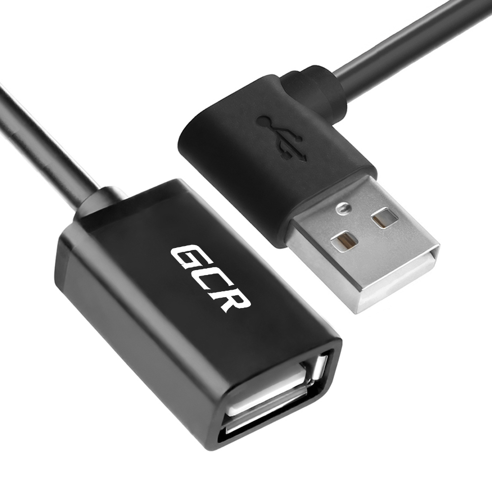 GCR Удлинитель 1.0m USB AM угловой левый/AF, черный, 28/24 AWG, медь, морозостойкий
