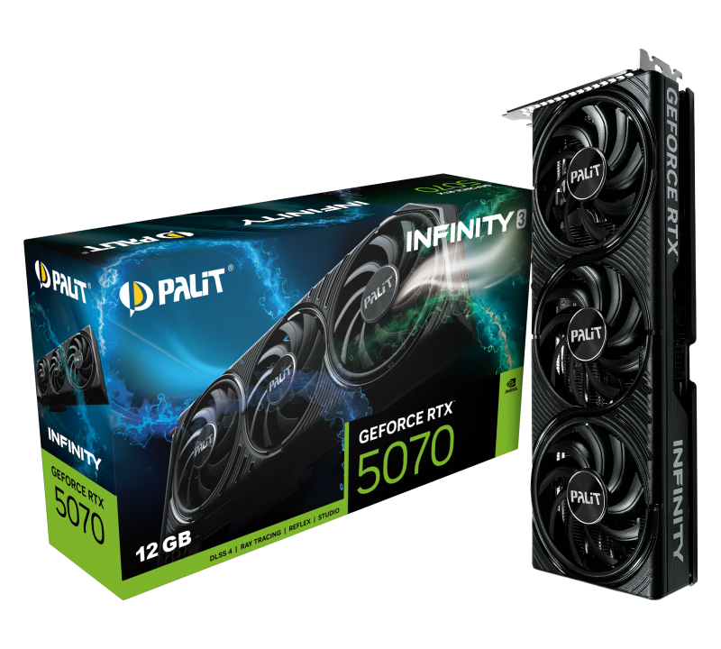 Видеокарта Palit NVIDIA - GeForce RTX 5070 Infinity 3, PCI-E 5.0, GDDR7 12GB 192bit, 1x HDMI, 3x DP, max 7680 x 4320 (8K), 250Вт, 292мм, NE75070019K9-GB2050S