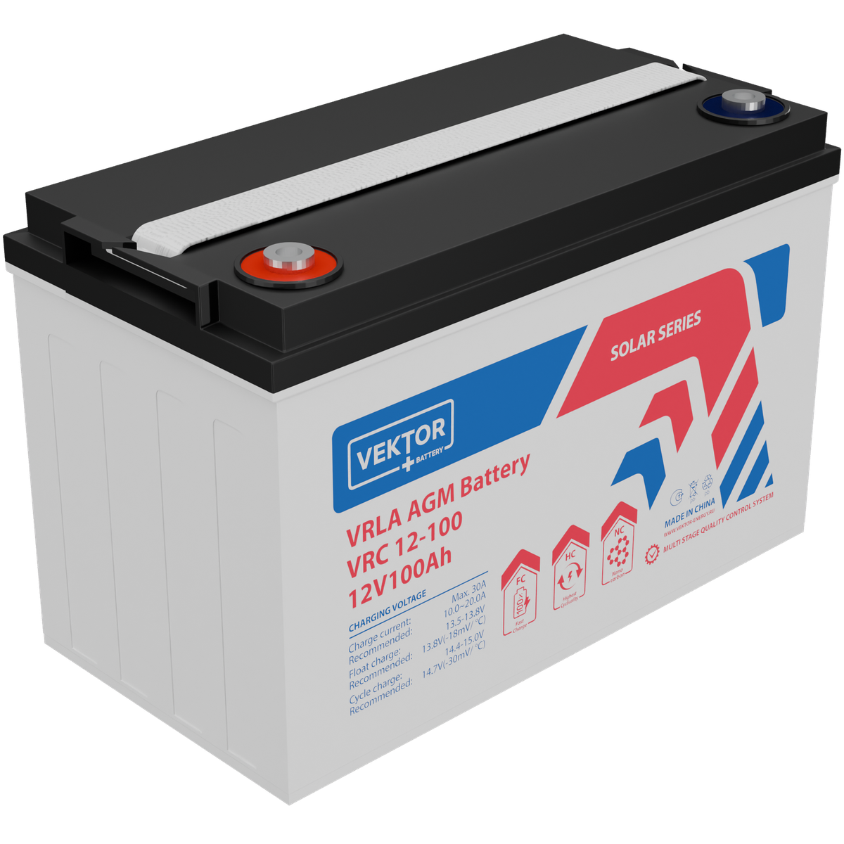 Батарея Vektor Battery серия VRС, VRC 12-100, напряжение 12В, емкость 100 Ач (разряд 10 часов), макс. ток разряда (5 сек.) 1200А, макс. ток заряда 30A, свинцово-кислотная типа AGM+CARBON, клеммы M8, ДxШxВ 333x173x223 мм., вес 30.8кг., срок службы 15 лет