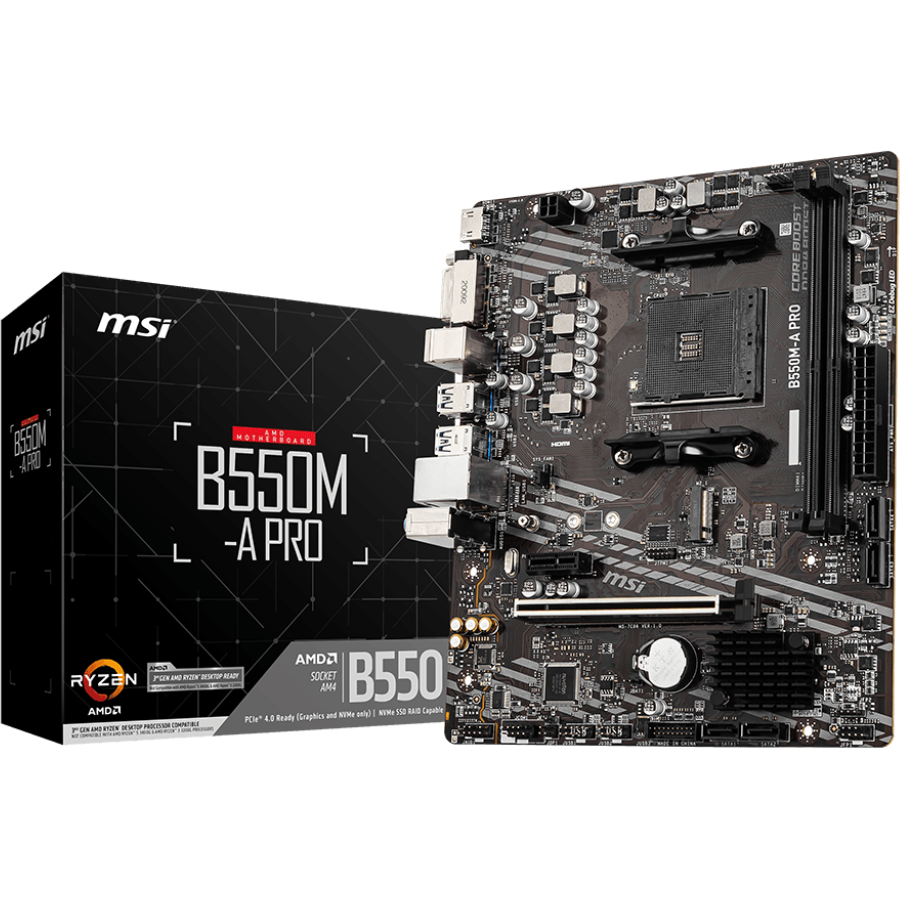 Материнская плата MSI - B550M-A PRO, mATX, AMD B550, 1xAM4, 2xDDR4 до 64ГБ, 1x1GbE, audio, M.2, HDMI, DVI-D, 2xPS/2, 4xSATA, 2xUSB2.0, 4xUSB3.2, B550M-A PRO