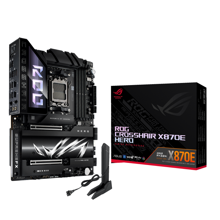 Материнская плата ASUS ROG CROSSHAIR X870E HERO, AM5, AMD X870E, 4xDDR5, 4xSATA, 5xM.2, 2xPCI-E 5.0 x16, 1xHDMI, 2xUSB-C (видео), 2x 5Gb LAN, 6xUSB-A 3.2 Gen 2, 2xUSB-C 3.2 Gen 2, 2xUSB4, 2x3.5 мм, 7.1, ATX