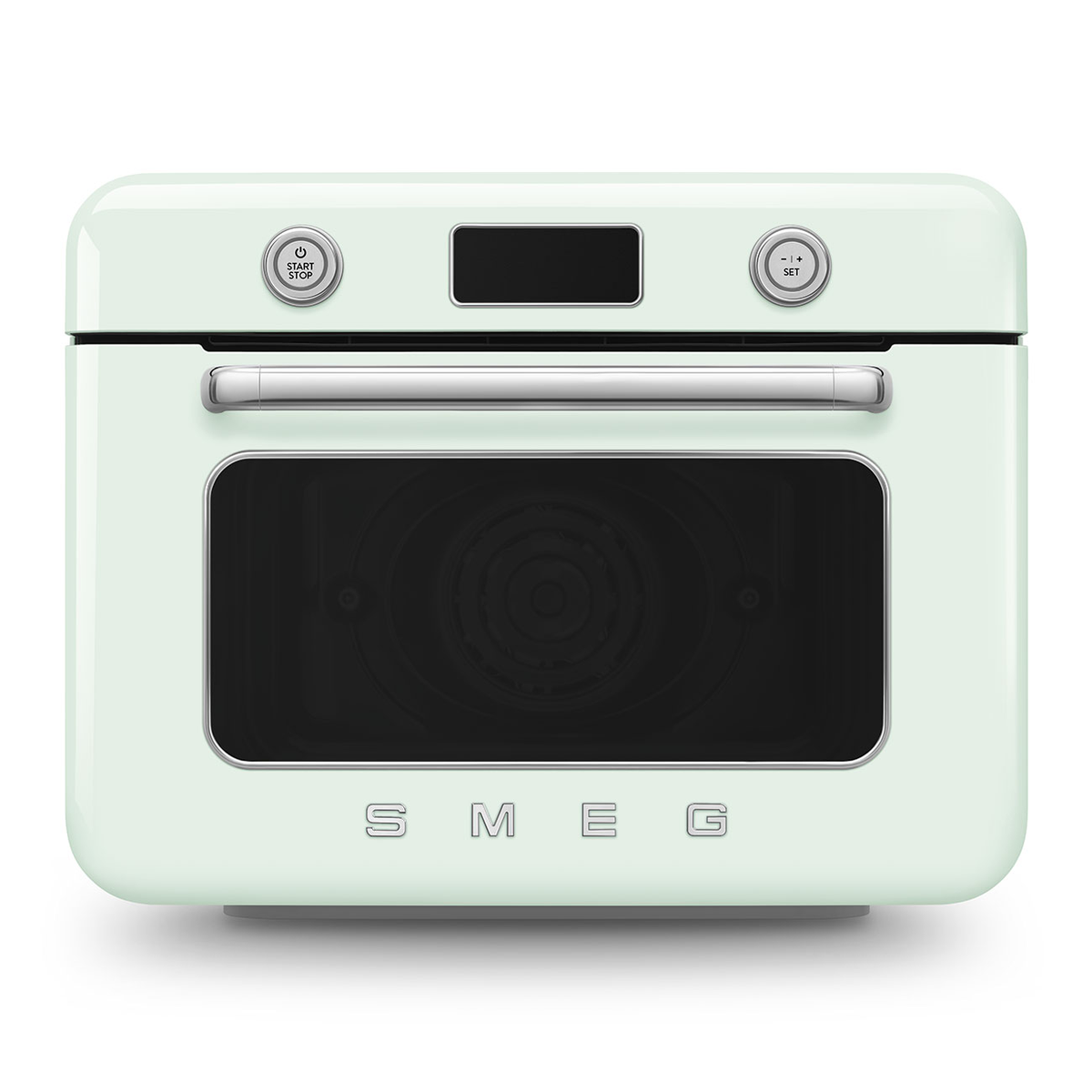 Мини печь SMEG, 10 функций, пар, кнопочное/поворотное управление, дисплей, таймер, галогенная подсветка, 3 стекла в дверце, цвет пастельный зеленый