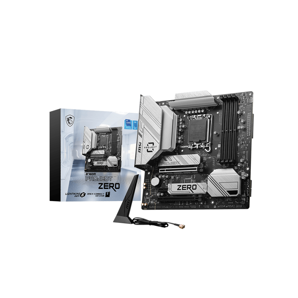 Материнская плата MSI B760M PROJECT ZERO,(Обратное подключение разъемов) LGA 1700, Intel B760, 4xDDR5, 4xSATA, 2xM.2, 1xPCIe 5.0 x16, 1xPCIe 4.0 x4, 1xPCIe x1, 1xHDMI, 1xDP, 3xUSB 3.2 Gen 2, 4xUSB 2.0, 1xUSB 3.2 Gen 2x2, 1x 2.5Gb LAN, 5x3.5 мм, 7.1, mATX