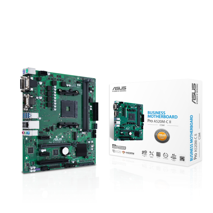 Материнская плата ASUS Pro A520M-C II/CSM, AM4, AMD A520, 2xDDR4, 4xSATA, 1xM.2, 1xPCI-E 3.0 x16, 2xPCI-E x1, 1xDVI-D, 1xDP, 1xHDMI, 1xVGA, 1x 1Gb LAN, 2xUSB-A 2.0, 4xUSB-A 3.2 Gen 1, 3x3.5 мм, Micro-ATX