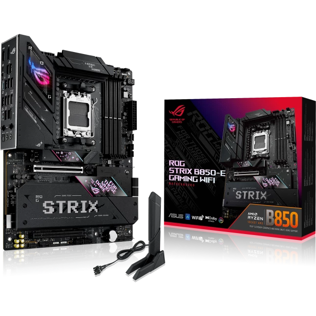 Материнская плата ASUS ROG STRIX B850-E GAMING WIFI, AM5, AMD B850, 4xDDR5, 4xSATA, 5xM.2, 1xPCI-E 5.0 x16, 1xPCI-E 4.0 x16, 1xRealtek 5Gb Ethernet, 1xUSB-C 4, 1xUSB-C 20Gbps, 6xUSB-A 10Gbps, 4xUSB-A 2.0, 3x3.5 мм, 7.1, ATX