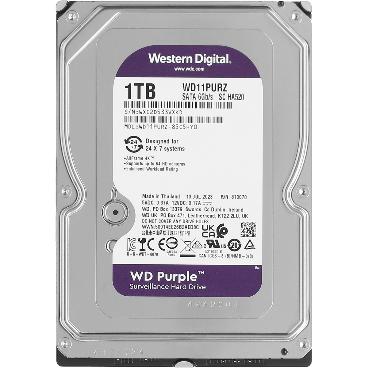 Диск HDD Western Digital - Purple, для систем видеонаблюдения, SATA, 6 Гб/с, 3.5", 1 ТБ, 5400 rpm, 64MB, WD11PURZ