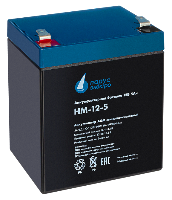 Battery Parus Electro, standard series HM-12-5, voltage 12V, capacity 5Ah (discharge 20 hours), max. discharge current (5sec) 75A, max. charge current 2A, lead-acid type AGM, terminals F2, LxWxH 90x70x101mm., total height with terminals 107mm., weight 1.8kg., service life 6 years.