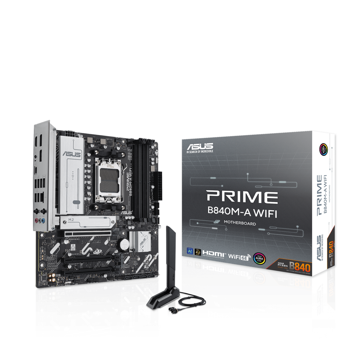 Материнская плата ASUS PRIME B840M-A WIFI, AM5, AMD B840, 4xDDR5, 4xSATA III, 3xM.2, 1xPCIe 4.0 x16, 2xPCIe 3.0 x16 (x1), 2xDP, 1xHDMI, 1x 2.5Gb LAN, Wi-Fi 6E, 2xUSB-A 10Gbps, 1xUSB-C 5Gbps, 4xUSB-A 2.0, 3x3.5 мм, 7.1, micro-ATX
