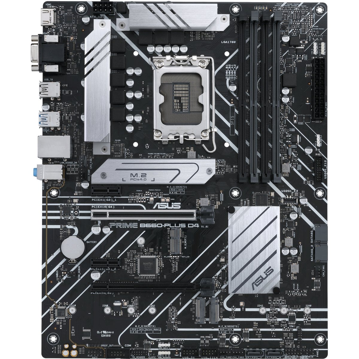 Материнская плата ASUS PRIME B660-PLUS D4, Socket LGA 1700, Intel B660, 4xDDR4, 4xSATA, 3xM.2, 1xPCIe 4.0 x16, 1xPCIe 3.0 x4, 1xHDMI, 1xDP, 1xVGA, 1x 1Gb LAN, 1xUSB-C 3.2 Gen 2x2, 2xUSB-A 3.2 Gen 2, 1xUSB-A 3.2 Gen 1, 2xUSB-A 2.0, 7.1, ATX