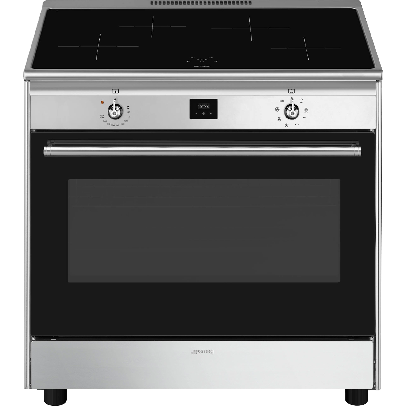 Варочный центр SMEG/ Отдельностоящий варочный центр SMEG, 90х60 см, поворотное/сенсорное управление, дисплей, индукционная варочная поверхность, 4 зоны нагрева, автоматическое определение посуды, электрическая духовка, объем 129 л, гриль, цвет нержавеющая сталь/матовая отделка