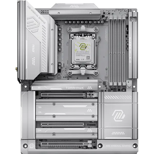 Материнская плата MSI MAG X870E TOMAHAWK MAX WIFI PZ, AM5, AMD X870E, 4xDDR5 (до 256 ГБ), 4xSATA, 4xM.2 (2xPCIe 5.0, 2xPCIe 4.0), 1xPCIe 5.0 x16, 1xPCIe 4.0 x16, 1xPCIe 3.0 x16, 1xHDMI, 1x5Gb LAN, Wi-Fi 7, Bluetooth 5.4, 2xUSB-C 40Gbps (USB4), 1xUSB-C 10Gbps, 2xUSB-A 10Gbps, 3xUSB-A 5Gbps, 4xUSB-A 2.0, 3x3.5 мм + S/PDIF оптический, 7.1, белый/серебристый, ATX