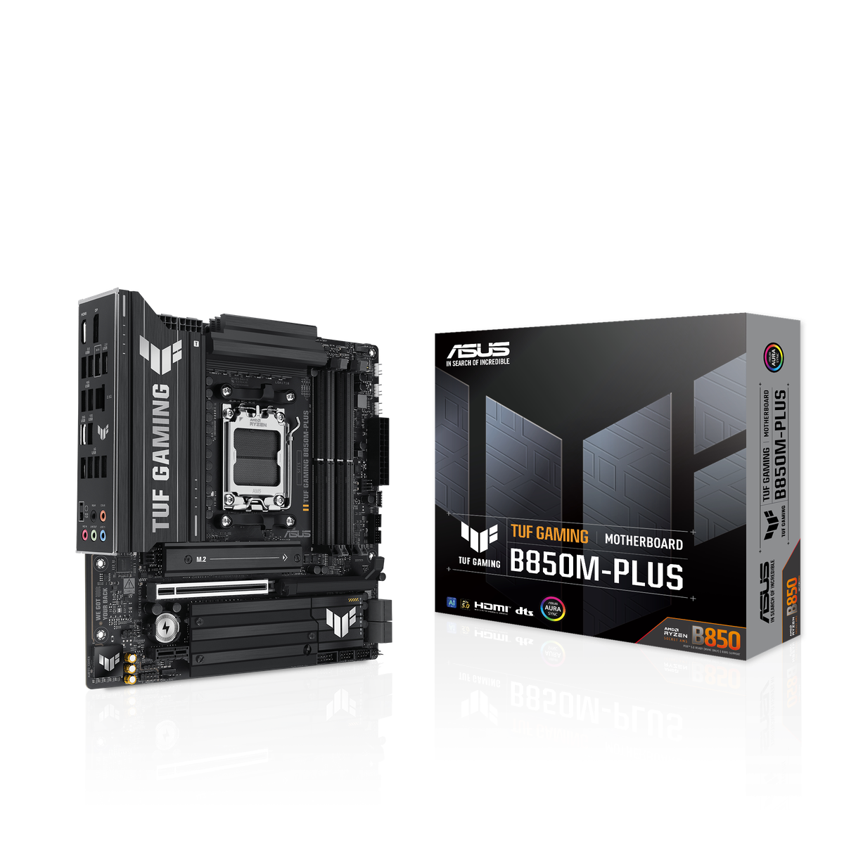 Материнская плата ASUS TUF Gaming B850M-Plus, AM5, AMD B850, 4xDDR5, 4xSATA, 3xM.2, 1xPCIe 5.0 x16, 1xPCIe 4.0 x4, 1xPCIe x1, 1xDP, 1xHDMI, 1x2.5Gb LAN, 4xUSB 2.0, 4xUSB 3.2 Gen 1, 3xUSB 3.2 Gen 2, 1xUSB-C, 3x3.5 мм, 7.1, mATX