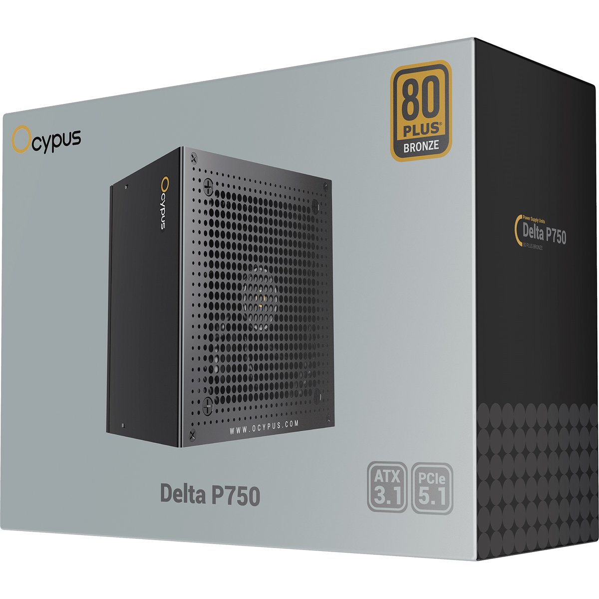 Блок питания ПК/ Power Supply Ocypus Delta P750, 750W 80+ Bronze (ATX, 3.1, Non modular, 1x24(20+4)pin, 2xCPU 8(4+4)pin, 3xPCIe*2 8(6+2)pin, 1x12V-2x6, 8xSATA3 , Active, 120x120mm, 150x140x86mm, APFC, black)