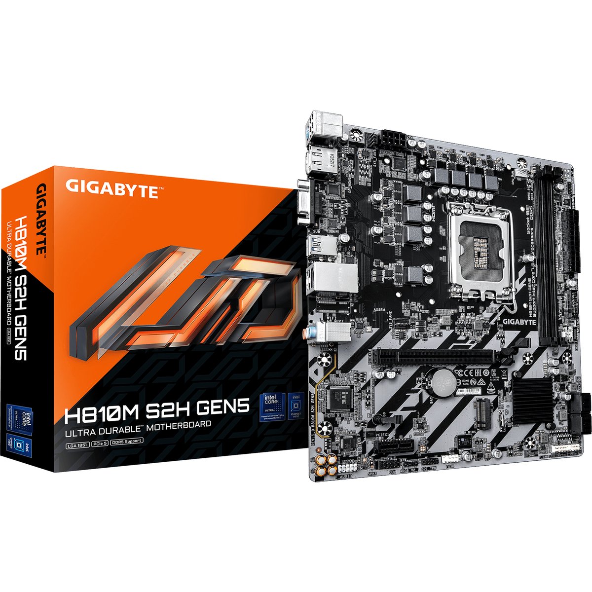 Материнская плата Gigabyte H810M S2H GEN5, LGA 1851, Intel H810, 2xDDR5, 4xSATA, 1xM.2, 1xPCIe 5.0 x16, 1xPCIe x1, 1xVGA, 1xHDMI, 1xDP, 1x1Gb LAN, 4xUSB-A 5Gbps, 2xUSB-A 2.0, 1xPS/2, 3x3.5 мм, 7.1, mATX