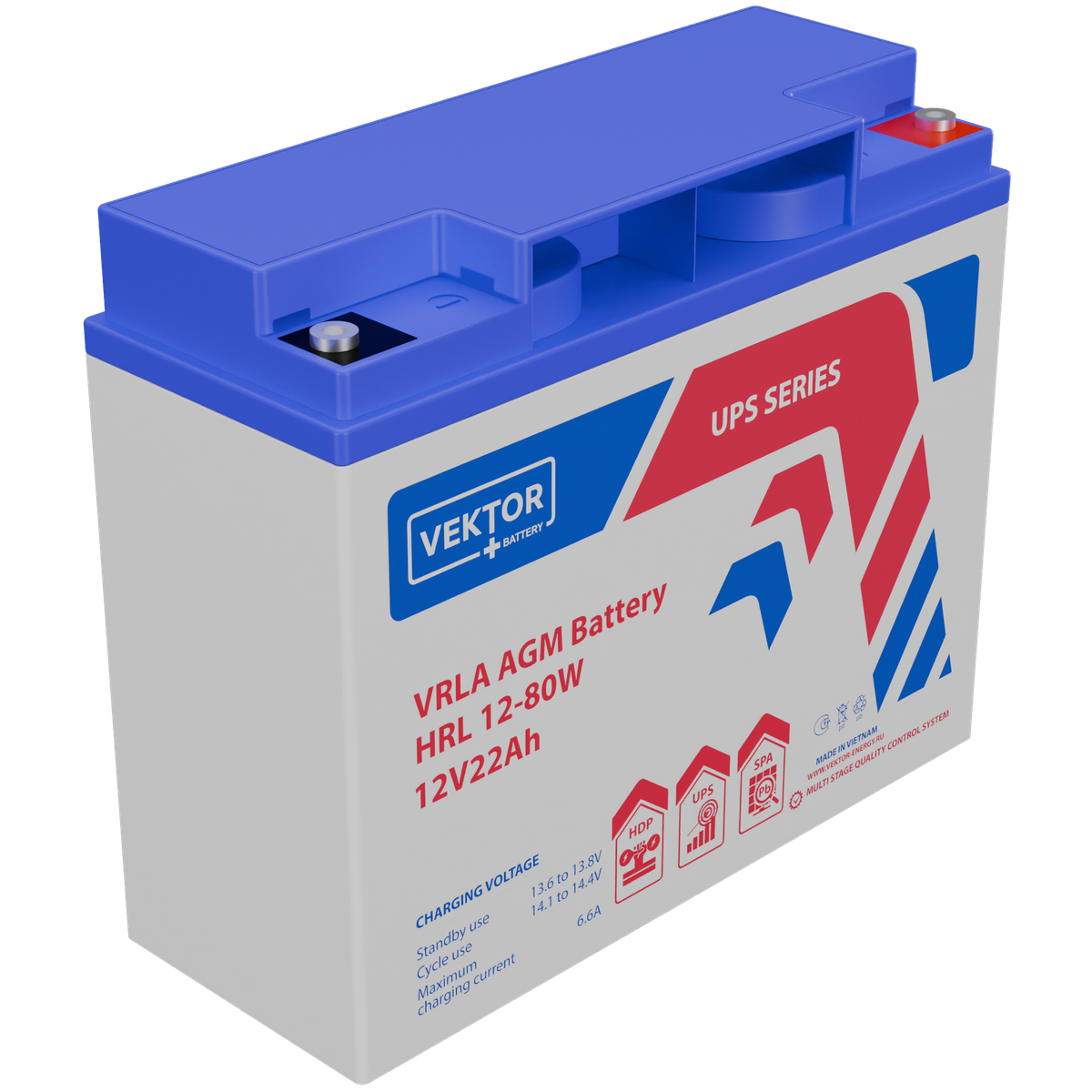 Батарея Vektor Battery серия HRL, HRL 12-80W, напряжение 12В, емкость 22 Ач (разряд 20 часов), макс. ток разряда (5 сек.) 330 А, макс. ток заряда 6,6 А, свинцово-кислотная типа AGM, клеммы М5, ДxШxВ 182x77x166мм., вес 5,9 кг., срок службы 12 лет