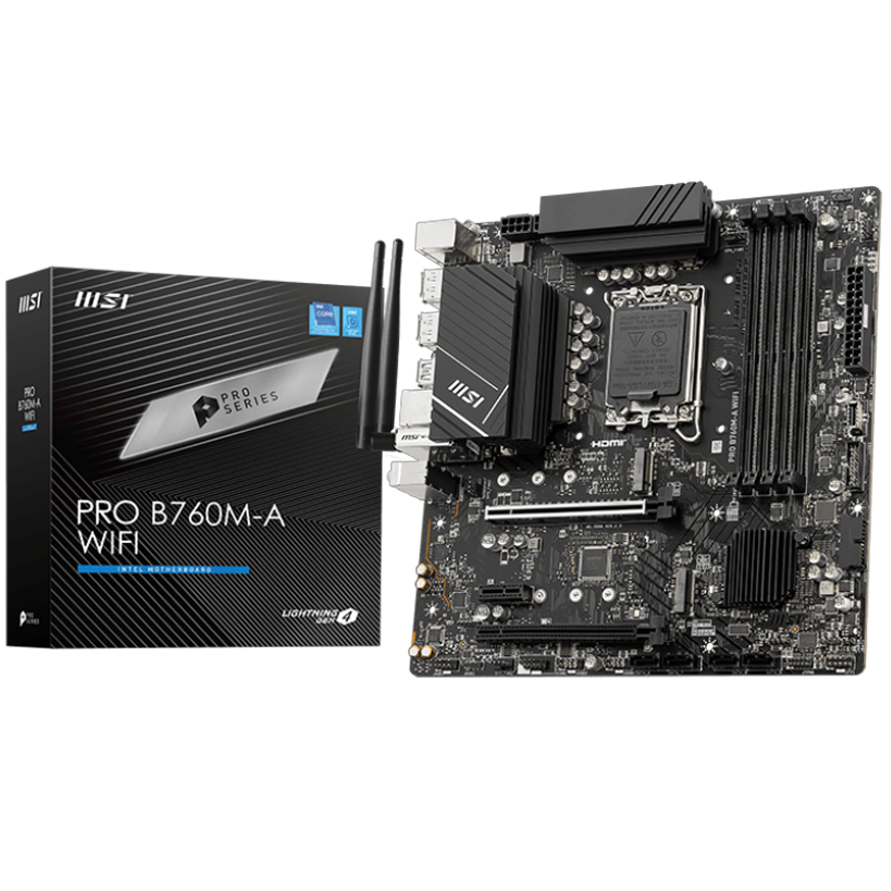 Материнская плата/ MB MSI INTEL B760 s1700, 4xDDR5(256GB), 2xHDMI 2.1/2xDP, 2xPCIe 4.0x16, 1xPCIe 3.0, 1xLAN (2.5GbE), Wi-Fi, BT, 4xSATA 6Gb/s, 2xM.2, 4xUSB 3.2, 2xUSB 2.0, 1xPS/2, mATX
