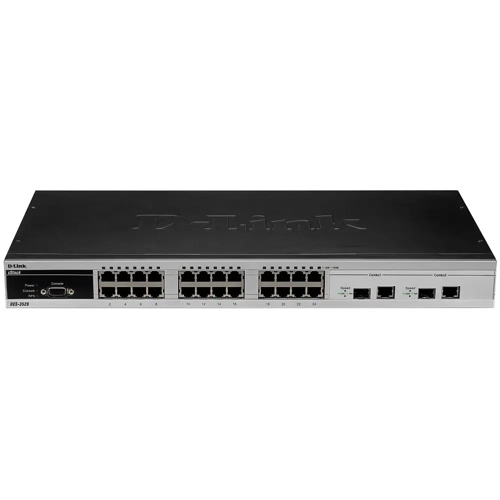 Коммутатор/ DES-3526_RFB/A33 Refurbished unit, E-Caps and fans are new, clean, fully tested, well-packed with Cable Diagnostics support, plastic front panel, power cable and 19' rack mounts.Managed L2 Switch 24x100Base-TX, 2xCombo 1000Base-T/SFP, CLI, RS-232 Console, RPS, H/W A3.