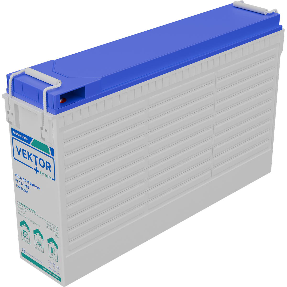 Батарея Vektor Battery серия FT (S), FT 12-180S, напряжение 12В, емкость 180 Ач (разряд 10 часов), макс. ток разряда (5 сек.) 1800А, макс. ток заряда 54 А, свинцово-кислотная типа AGM, клеммы M8, ДxШxВ 561x125x317мм., вес 55,5 кг., срок службы 15 лет