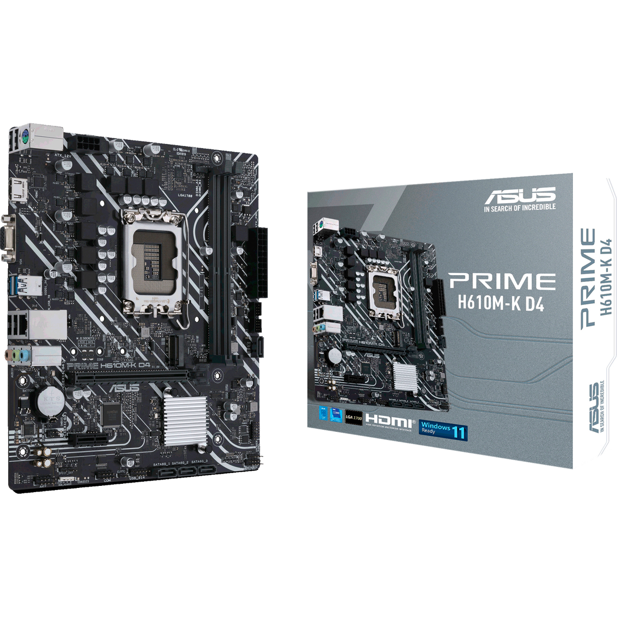 Материнская плата ASUS PRIME H610M-K D4, LGA 1700, Intel H610, 2xDDR4, 4xSATA, 1xM.2, 1xPCIe 4.0 x16, 1xPCI, 1xHDMI, 1xVGA, 1x 1Gb LAN, 2xUSB-A 2.0, 2xUSB-A 3.2 Gen 1, 3x3.5 мм, 7.1, mATX