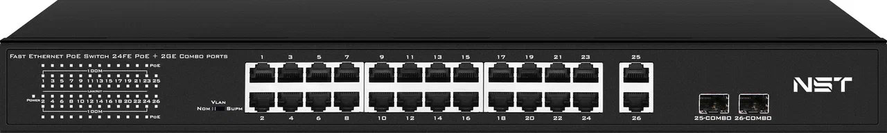 PoE коммутатор Fast Ethernet/ PoE коммутатор Fast Ethernet на 24 x RJ45 портов + 2 x GE Combo uplink порта. Порты: 24 x FE (10/100 Base-T) с поддержкой PoE (IEEE 802.3af/at), 2 x GE Combo Uplink (RJ45 + SFP). Соответствует стандартам PoE IEEE 802.3af/at. Автоматическое определение PoE устройств. Мощность PoE на порт - до 30W. Суммарная мощность PoE до 385W. Поддержка режима CCTV: Увеличение расстояния передачи данных и питания до 250м, изоляция портов (VLAN). Встроенная грозозащита 3kV на порт. 