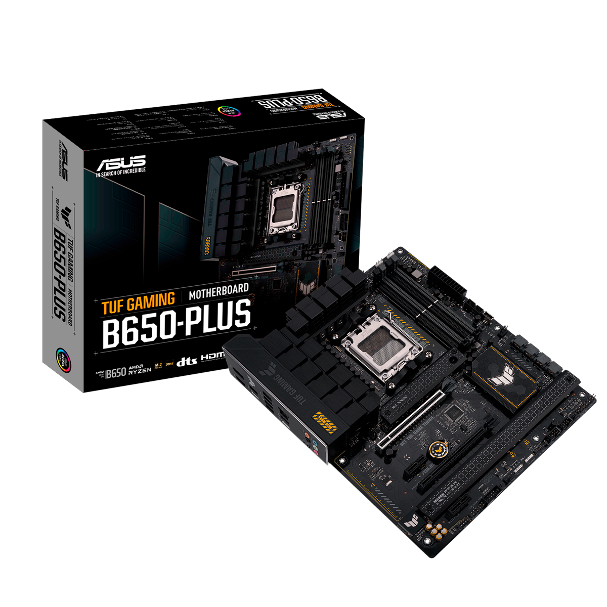 Материнская плата ASUS TUF GAMING B650-PLUS, AM5, AMD B650, 4xDDR5, 4xSATA, 3xM.2, 1xPCI-E 4.0 x16, 1xPCI-E 4.0 x4, 2xPCI-E x1, 1xHDMI, 1xDP, 1x 2.5Gb LAN, 2xUSB-A 3.2 Gen 2, 1xUSB-A 3.2 Gen 2x2, 1xUSB-C 3.2 Gen 2, 5x3.5 мм, 7.1, ATX