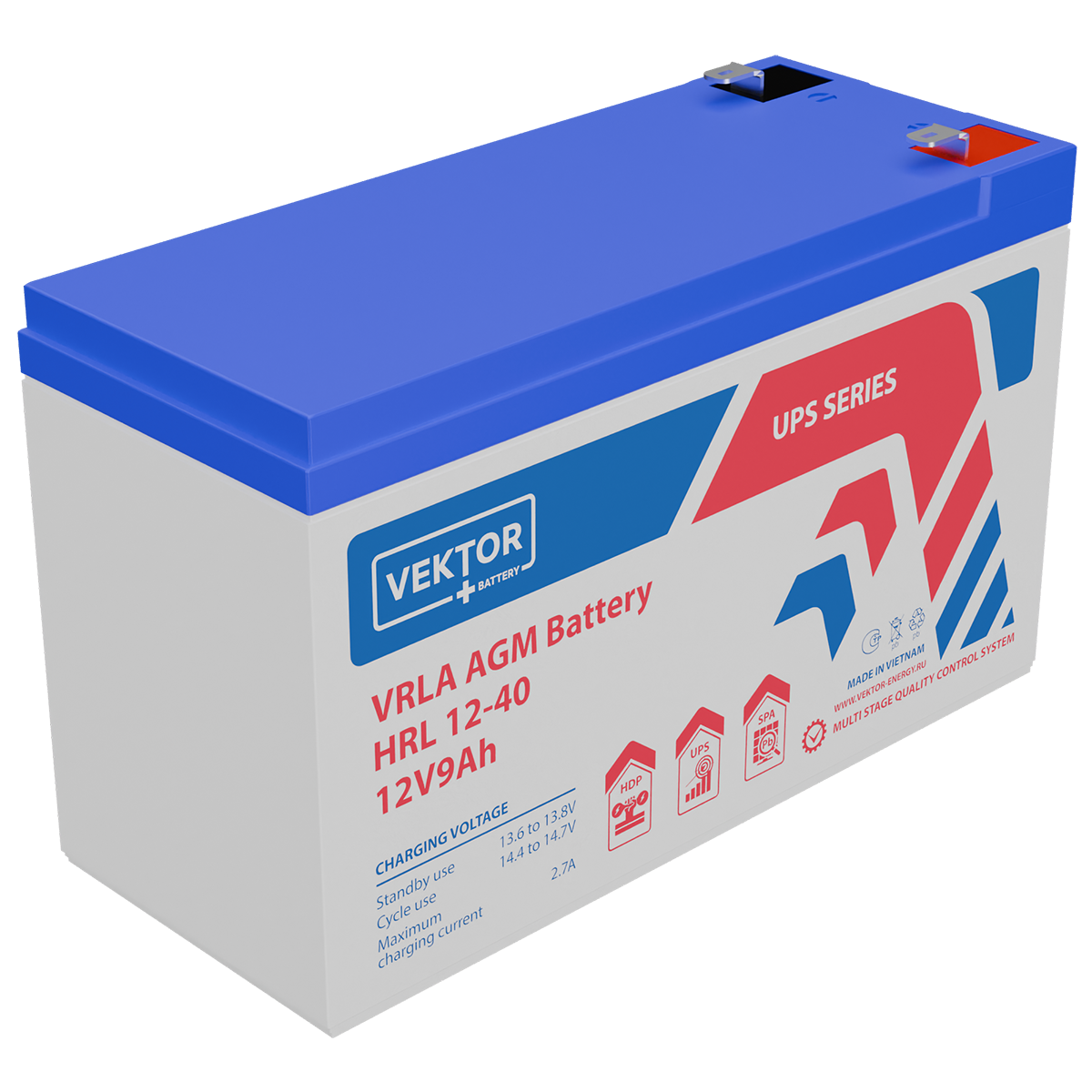 Батарея Vektor Battery серия HRL, HRL 12-40W, напряжение 12В, емкость 9 Ач (разряд 20 часов), макс. ток разряда (5 сек.) 135А, макс. ток заряда 2,7A, свинцово-кислотная типа AGM, клеммы F2, ДxШxВ 151x65x99.5мм., вес 2.58кг., срок службы 12 лет