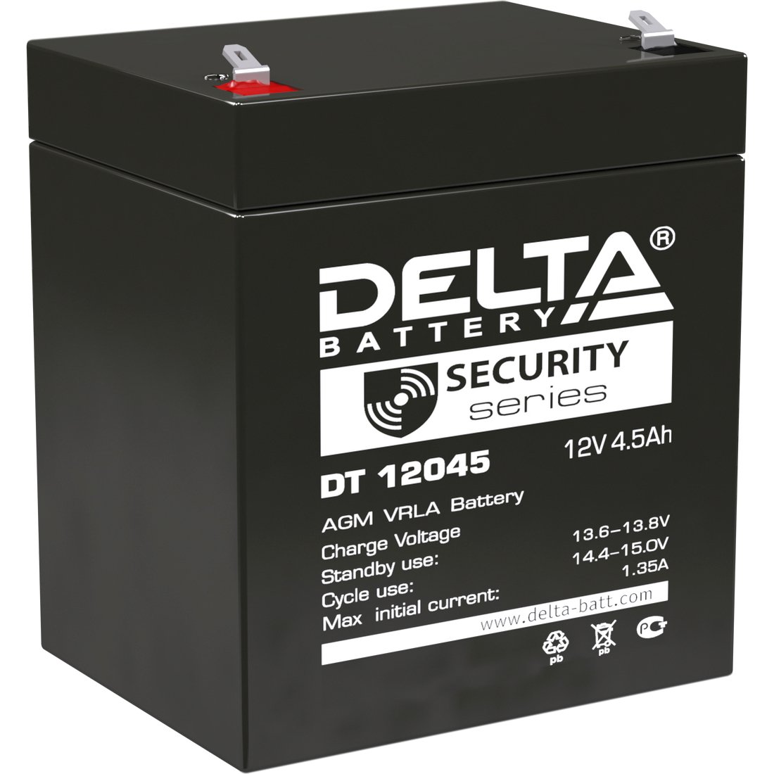 Батарея DELTA серия DT, DT 12045, напряжение 12В, емкость 4.5Ач (разряд 20 часов),  макс. ток разряда (5 сек.) 67.5А, макс. ток заряда 1.35А, свинцово-кислотная типа AGM, клеммы F1, ДxШxВ 90х70х101мм., вес 1.55кг., срок службы 5 лет./ Battery DELTA series DT, DT 12045, voltage 12V, capacity 4.5Ah (discharge 20 hours), max. discharge current (5 sec.) 67.5A, max. charge current 1.35A, lead-acid type AGM, terminals F1, LxWxH 90x70x101mm., weight 1.55kg., service life 5 years.