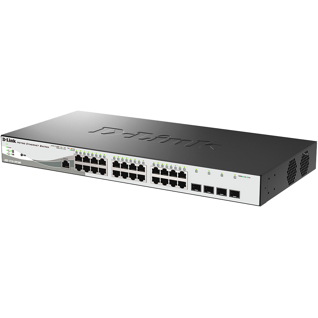 Коммутатор D-Link Управляемый L2 PoE-коммутатор,  24x1000Base-T PoE, 4x1000Base-X SFP, PoE-бюджет 193 Вт, защита от статического электричества до 6 кВ, CLI, консольный порт RJ-45, поддержка Dying Gasp
