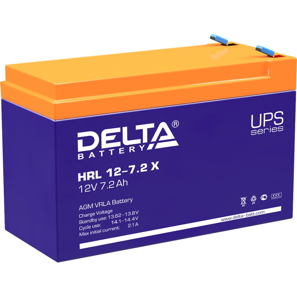 Батарея DELTA серия HRL-X, HRL 12-7,2 X, напряжение 12В, емкость 7.2Ач (разряд 10 часов),  макс. ток разряда (5 сек.) 108А, макс. ток заряда 2.16А, свинцово-кислотная типа AGM, клеммы F2, ДxШxВ 151х65х94мм., вес 2.6кг., срок службы 12 лет./ Battery DELTA series HRL-X, HRL 12-7.2 X, voltage 12V, capacity 7.2Ah (discharge 10 hours), max. discharge current (5 sec.) 108A, max. charge current 2.16A, lead-acid type AGM, terminals F2, LxWxH 151x65x94mm., weight 2.6kg., service life 12 years.
