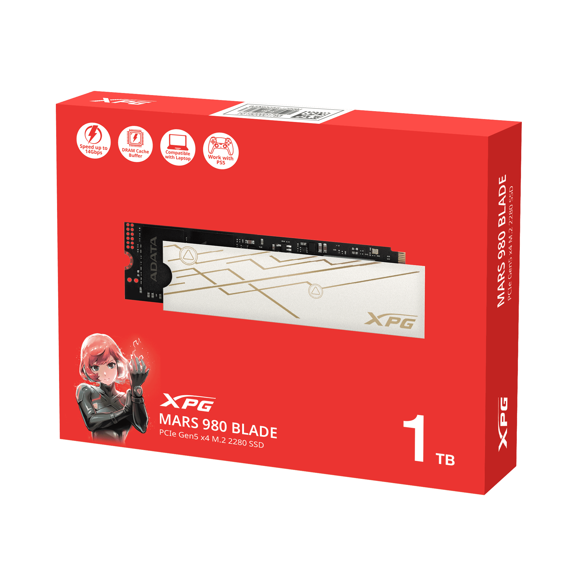 Твердотельный накопитель/ ADATA SSD XPG MARS 980 BLADE, 1000GB, M.2(22x80mm), NVMe, PCIe 5.0 x4, 3D NAND, R/W 14000/10000MB/s, IOPs 1 600 000/1 650 000, TBW 740, DWPD 0.4, with Heat Sink (5 лет)