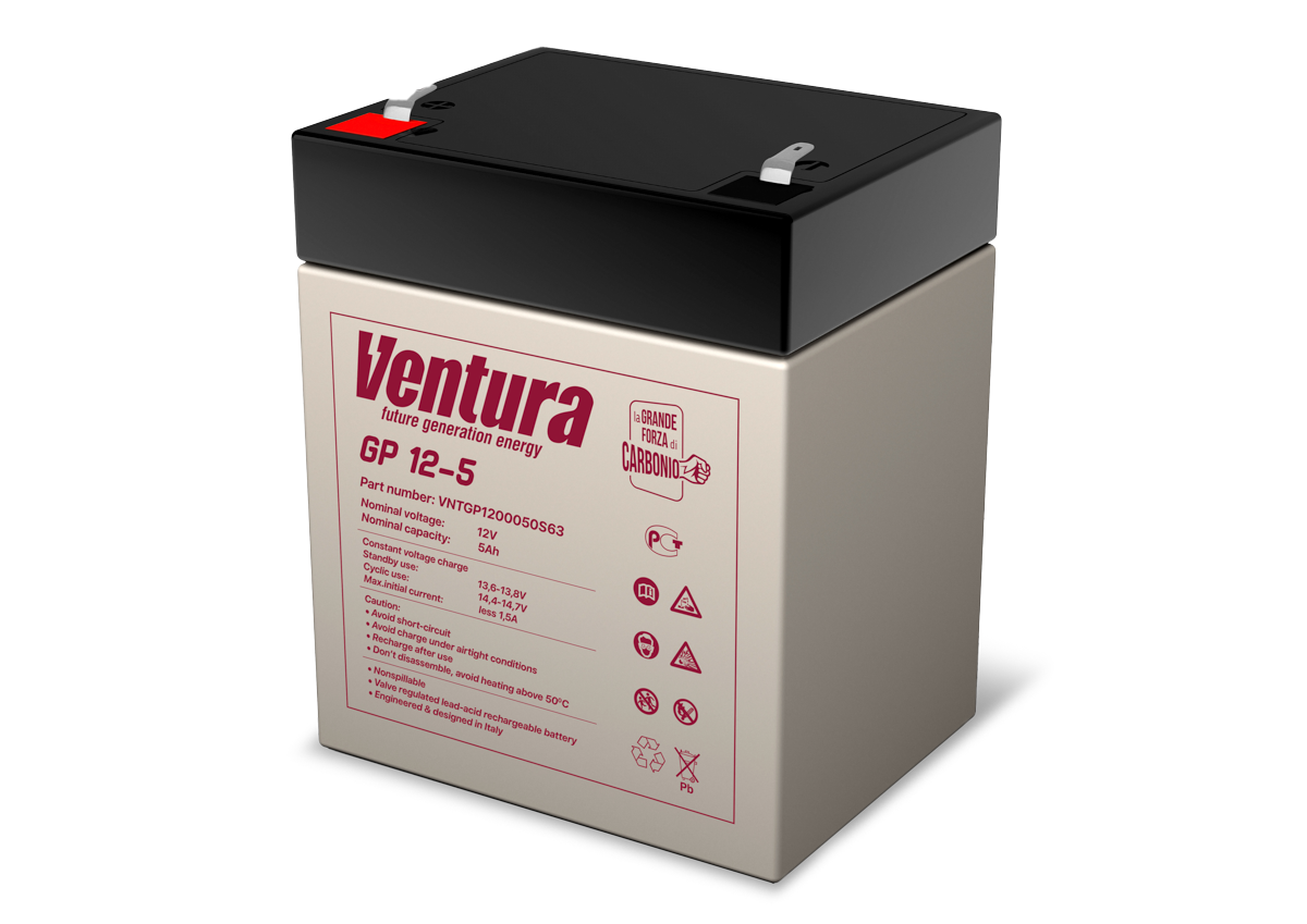 Батарея Ventura серия GP, GP12-5, напряжение  12B, емкость 5Ач (разряд 20 часов), макс. ток заряда 1.5А,  свинцово-кислотная типа AGM,  клеммы  T2, ДШВ  90х70х107мм, вес 1.65кг/ Ventura battery GP series, GP12-5, voltage 12V, capacity 5Ah (discharge 20 hours), max. charging current 1.5A, lead-acid type AGM, terminals T2, LxWxH 90x70x107mm, weight 1.65kg